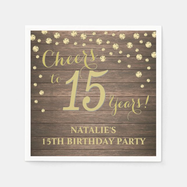 15th Birthday Party Rustic Wood and Gold Diamond Napkin (Front)