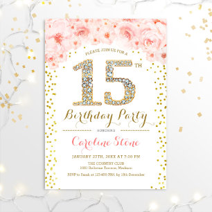 15th Birthday Party - White Gold Pink Invitation