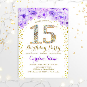 15th Birthday Party - White Gold Purple Invitation