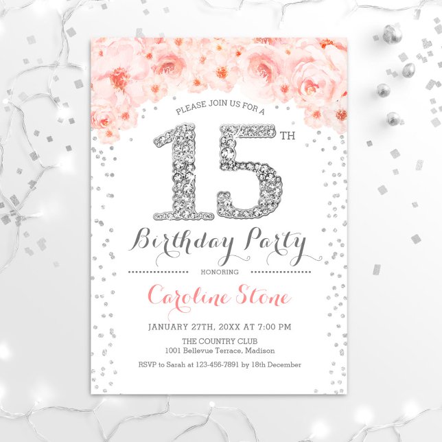 15th Birthday Party - White Silver Pink Invitation (Creator Uploaded)