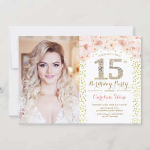 15th Birthday Party With Photo - Gold Pink Floral  Invitation