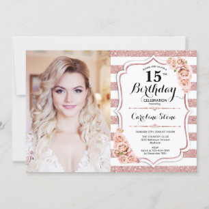 15th Birthday Party With Photo - Rose Gold White Invitation