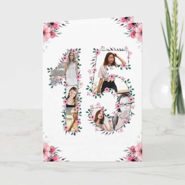 15th Birthday Photo Collage Girl Pink Flower White Card (Front)