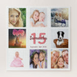 15th birthday photo collage girl white jigsaw puzzle<br><div class="desc">A gift for a girl's 15th birthday,  celebrating her life with a collage of 8 of your photos.  Templates for a name,  age 15 and a date.  Date of birth or the date of the anniversary.  Coral and burgundy colored letters.  White background.</div>