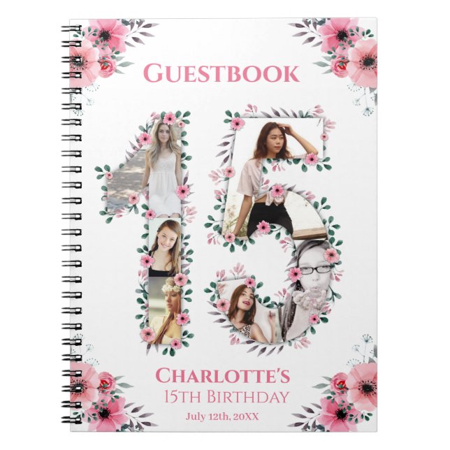 15th Birthday Photo Collage Pink Flower Guest Book (Front)