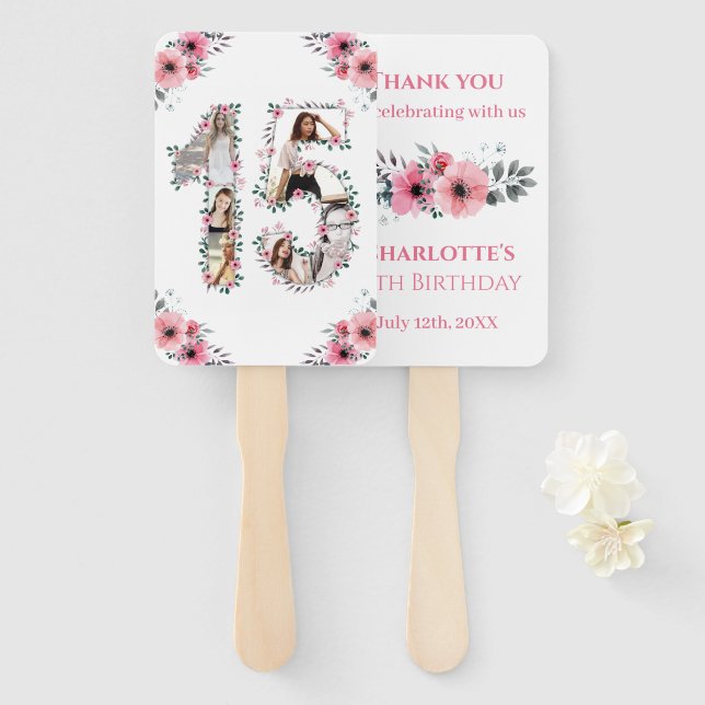 15th Birthday Photo Collage Pink Girl Flower White Hand Fan (Front and Back)