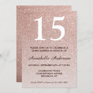 15th Birthday Pink Rose Gold Glitter Quinceañera Invitation
