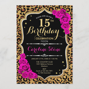 15th Birthday - Pink Roses Leopard Print Invitation