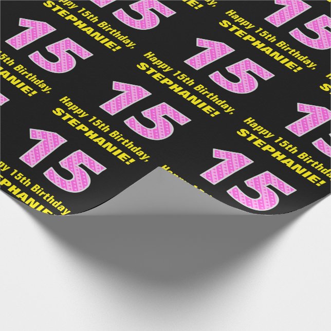 15th Birthday: Pink Stripes and Hearts "15" + Name Wrapping Paper (Corner)