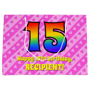 15th Birthday: Pink Stripes & Hearts, Rainbow # 15 Large Gift Bag