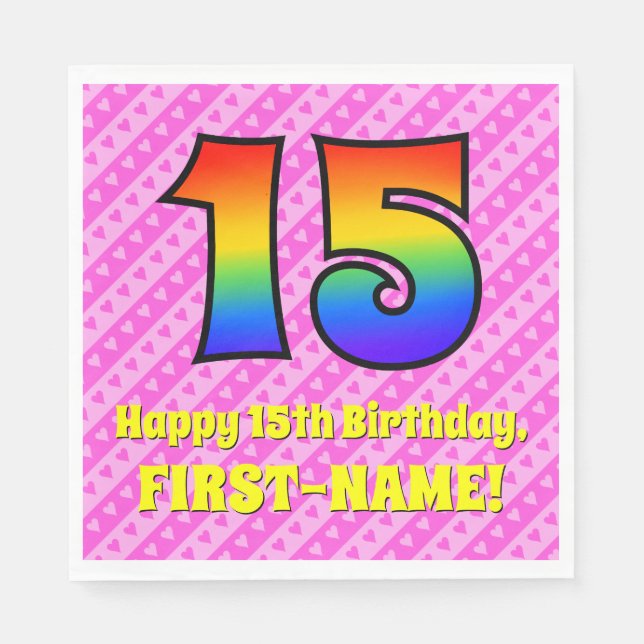 15th Birthday: Pink Stripes & Hearts, Rainbow # 15 Napkin (Front)