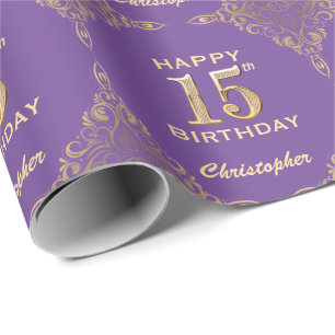 15th Birthday Purple and Gold Glitter Frame Wrapping Paper