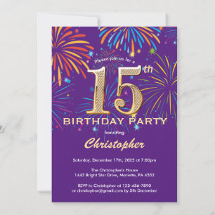 15th Birthday Purple and Gold Rainbow Fireworks Invitation
