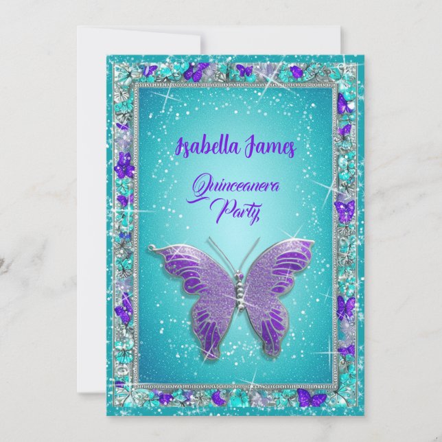 15th birthday purple turquoise jewellery Butterfly Invitation (Front)