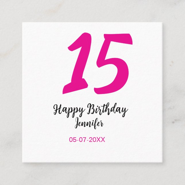 15th birthday quiencenera add date year pink templ square business card (Front)