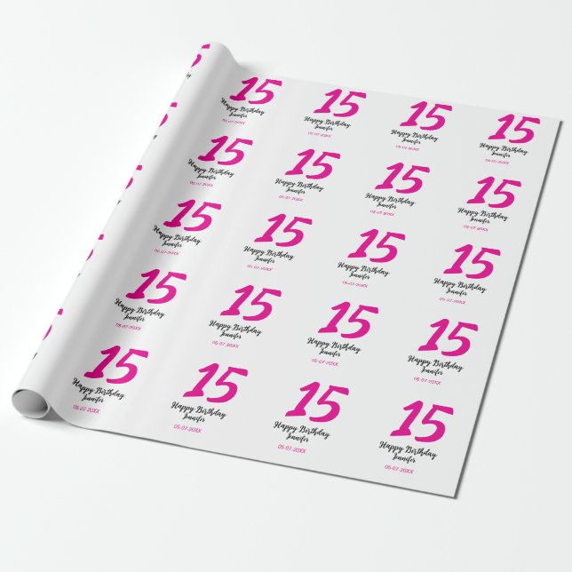15th birthday quiencenera add date year pink templ wrapping paper (Unrolled)