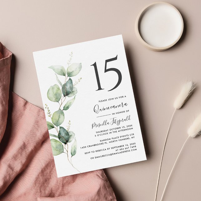 15th Birthday Quinceanera Eucalyptus Foliage Invitation (Eucalyptus 15th Birthday Quinceanera Party Invitation)