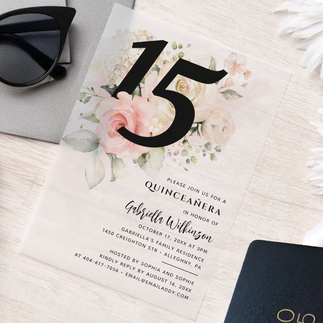 15th Birthday Quinceanera Floral Watercolor Party Vellum Invitations (Quinceanera 15th Birthday Floral Invitation)