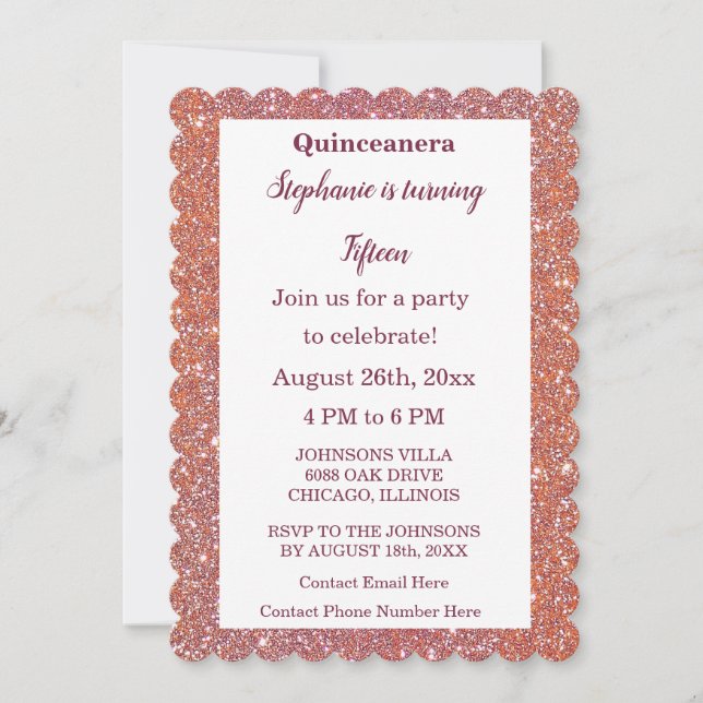 15th Birthday Quinceanera Orange Pink Rose Glitter Invitation (Front)
