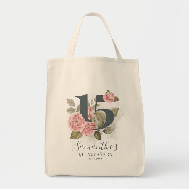 15th Birthday Quinceanera Pink Floral Greenery Tote Bag (Front)