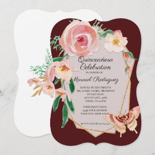 15TH Birthday Quinceañera Pink Floral w Butterfly Invitation