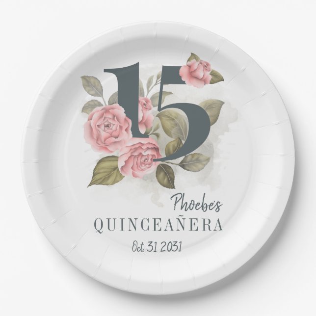 15th Birthday Quinceanera Rustic Floral Paper Plate (Front)