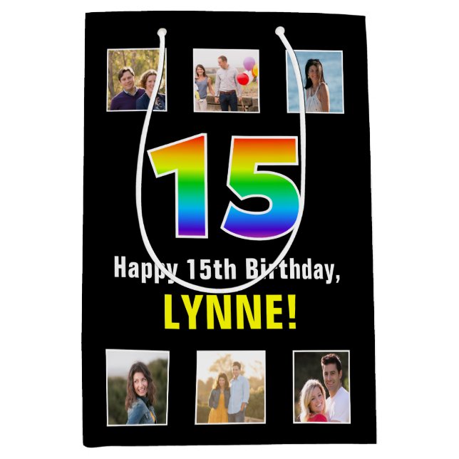 15th Birthday: Rainbow “15“, Custom Photos & Name Medium Gift Bag (Front)