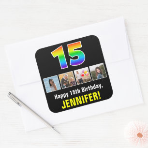 15th Birthday: Rainbow “15”; Custom Photos & Name Square Sticker