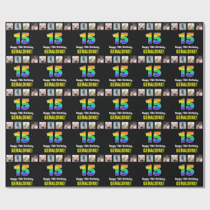 15th Birthday: Rainbow “15“; Custom Photos & Name Wrapping Paper