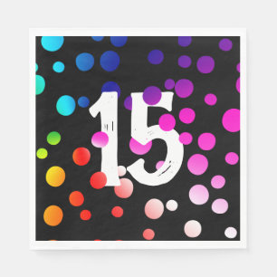 15th Birthday Rainbow Dots on Black Napkin