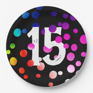 15th Birthday Rainbow Dots on Black Paper Plate
