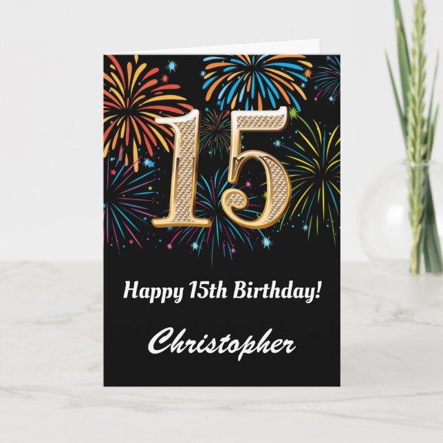 15th Birthday Rainbow Fireworks Black and Gold Card (Front)