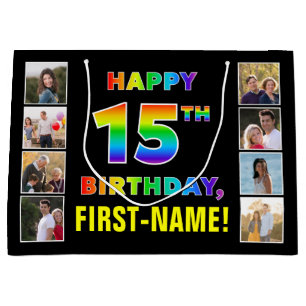 15th Birthday: Rainbow Text, Custom Photos & Name Large Gift Bag