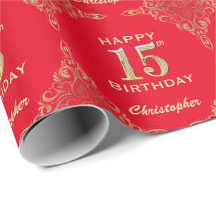 15th Birthday Red and Gold Glitter Frame Wrapping Paper