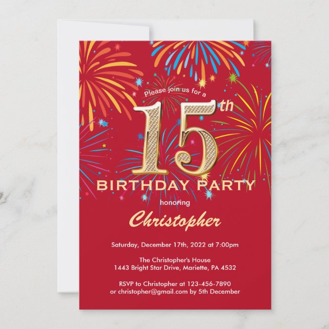 15th Birthday Red and Gold Rainbow Fireworks Invitation (Front)