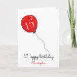 15th Birthday red balloon Card<br><div class="desc">15th birthday red balloon personalised greeting card for him. Perfect for relatives such as parents or grandparents to give to a son or grandson who is turning fifthteen or for family friends to give to a teenage boy. The name shown, inside message and age can all be customised as desired....</div>