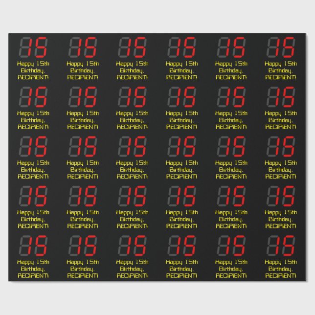 15th Birthday: Red Digital Clock Style "15" + Name Wrapping Paper (Flat)