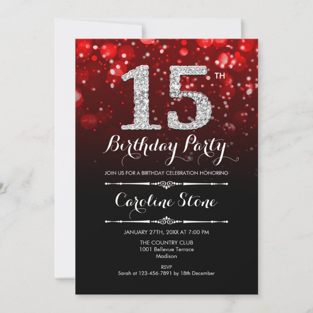 15th Birthday - Red Silver Invitation (Front)