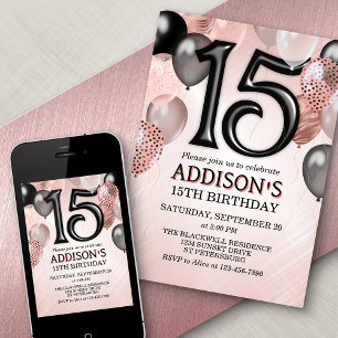 15th Birthday Rose Gold Balloons Invitation