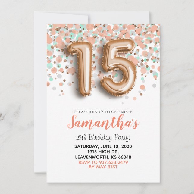 15th Birthday Rose Gold Confetti Invitation (Front)