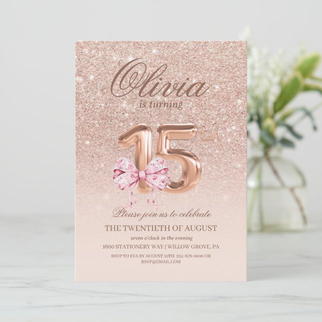 15th Birthday Rose Pink Gold Bow Birthday Party Invitation (Standing Front)