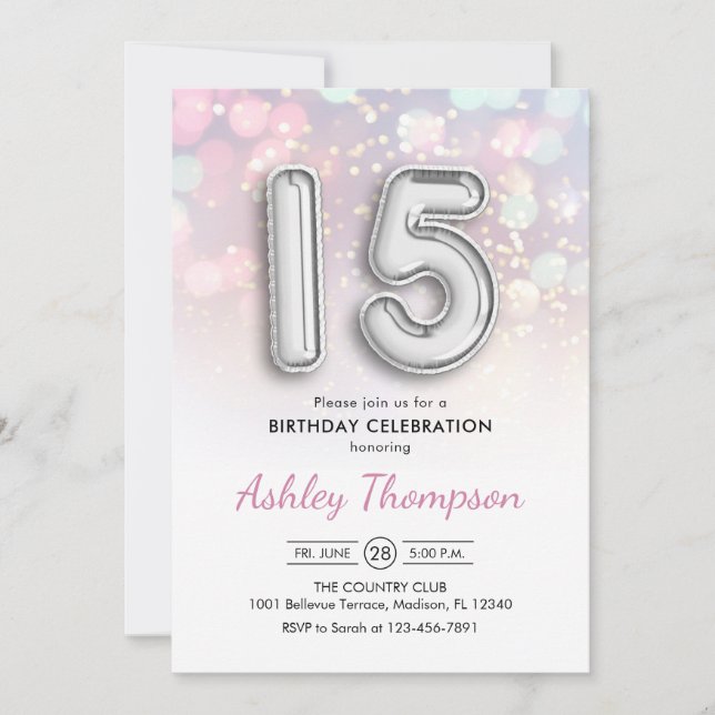 15th Birthday - Silver Balloons Pink Lights Invitation (Front)