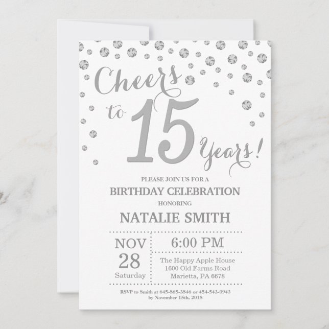 15th Birthday Silver Glitter Diamond Invitation (Front)
