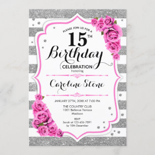 15th Birthday -  Silver White Stripes Pink Roses Invitation