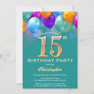 15th Birthday Teal and Gold Colourful Balloons Invitation