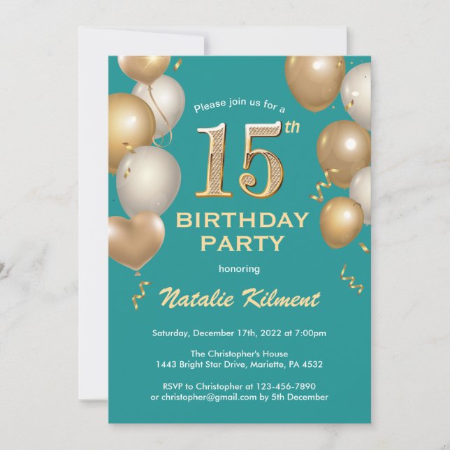 15th Birthday Teal and Gold Glitter Balloons Invitation (Front)