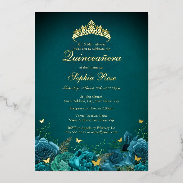 15th Birthday Teal Floral Butterfly Quinceanera (Front)