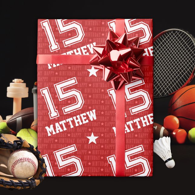 15th Birthday Typography Red Wrapping Paper (Creator Uploaded)