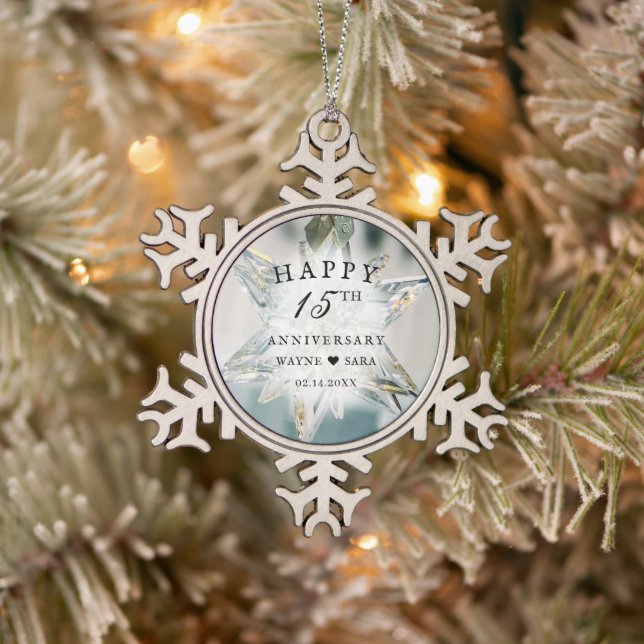 15th Black + White Crystal Wedding Anniversary Snowflake Pewter Christmas Ornament (Tree)