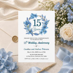 15th Blue Floral Surprise Wedding Anniversary Invitation
